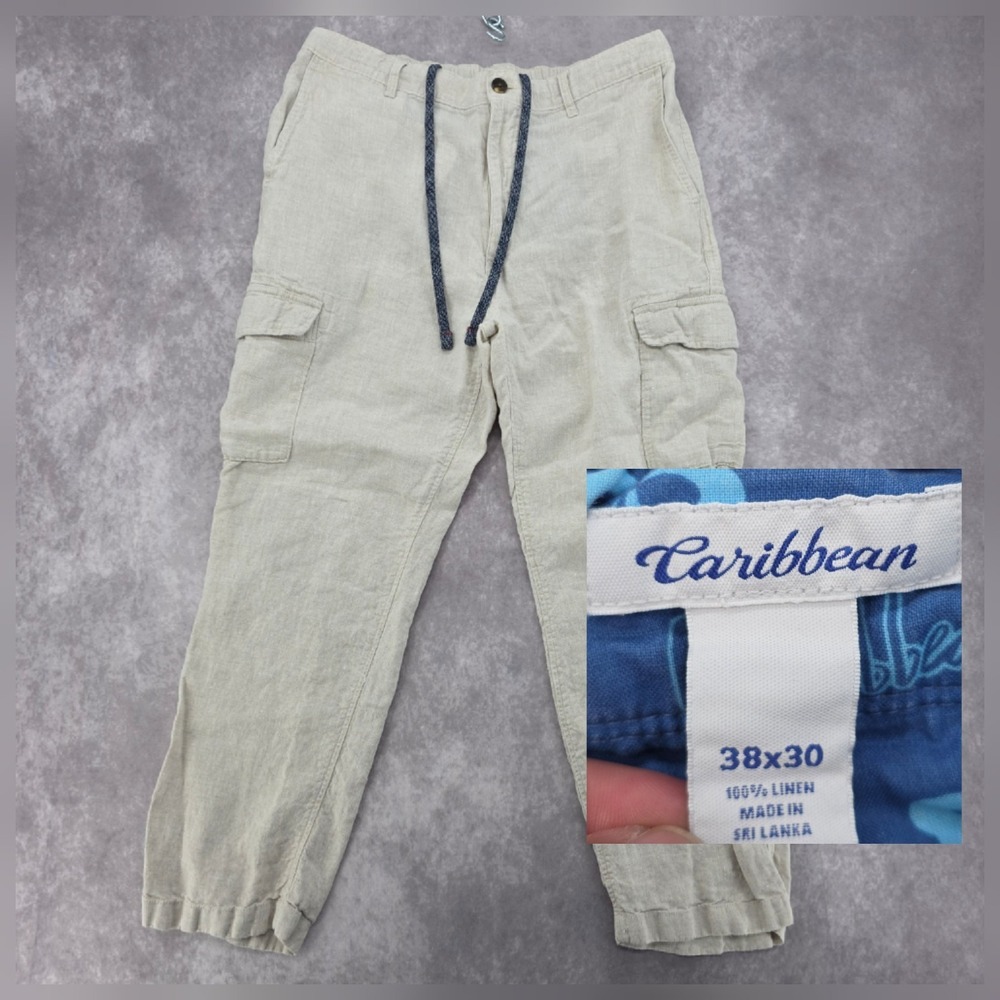 Caribbean Mens 38x30 Linen Cargo Pants Drawstring Jogger Lightweight Fits 36x29